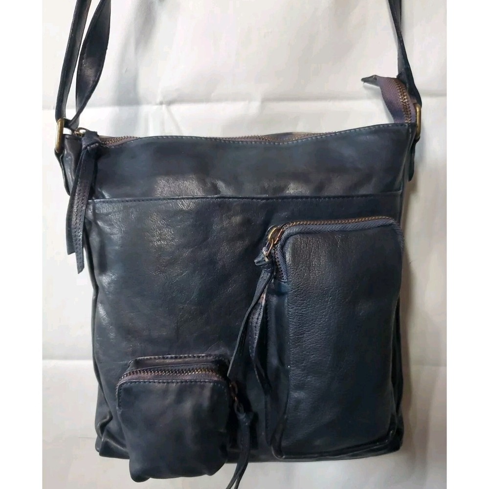 Estalon Purse Dark Blue Leather Top Zip Crossbody Outside Pockets Boho Artsy‎